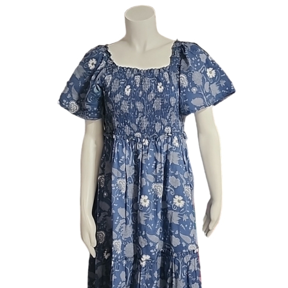 GRACE HOLIDAY Blue Chambray Floral Smocked Midi Dress L Tiered Boho Cottagecore - Picture 5 of 16